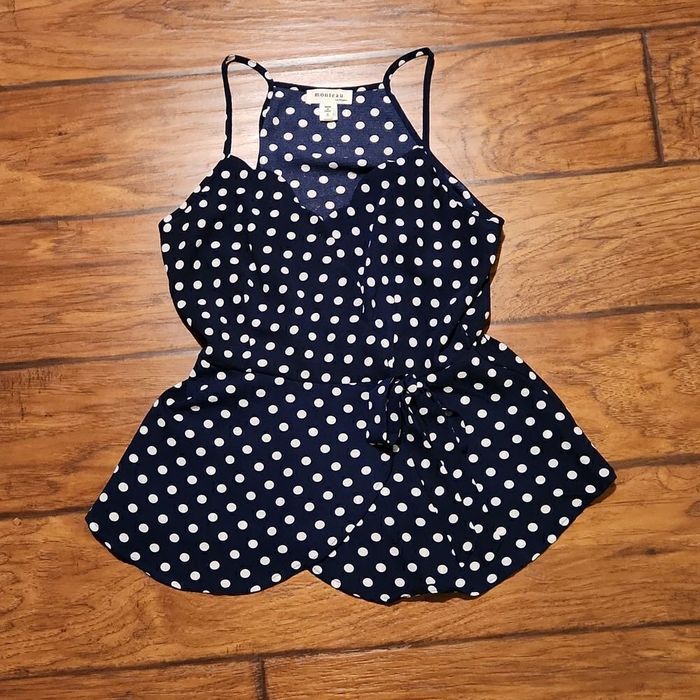 Monteau Los Angeles women's size small  spaghetti strap navy polka dot top